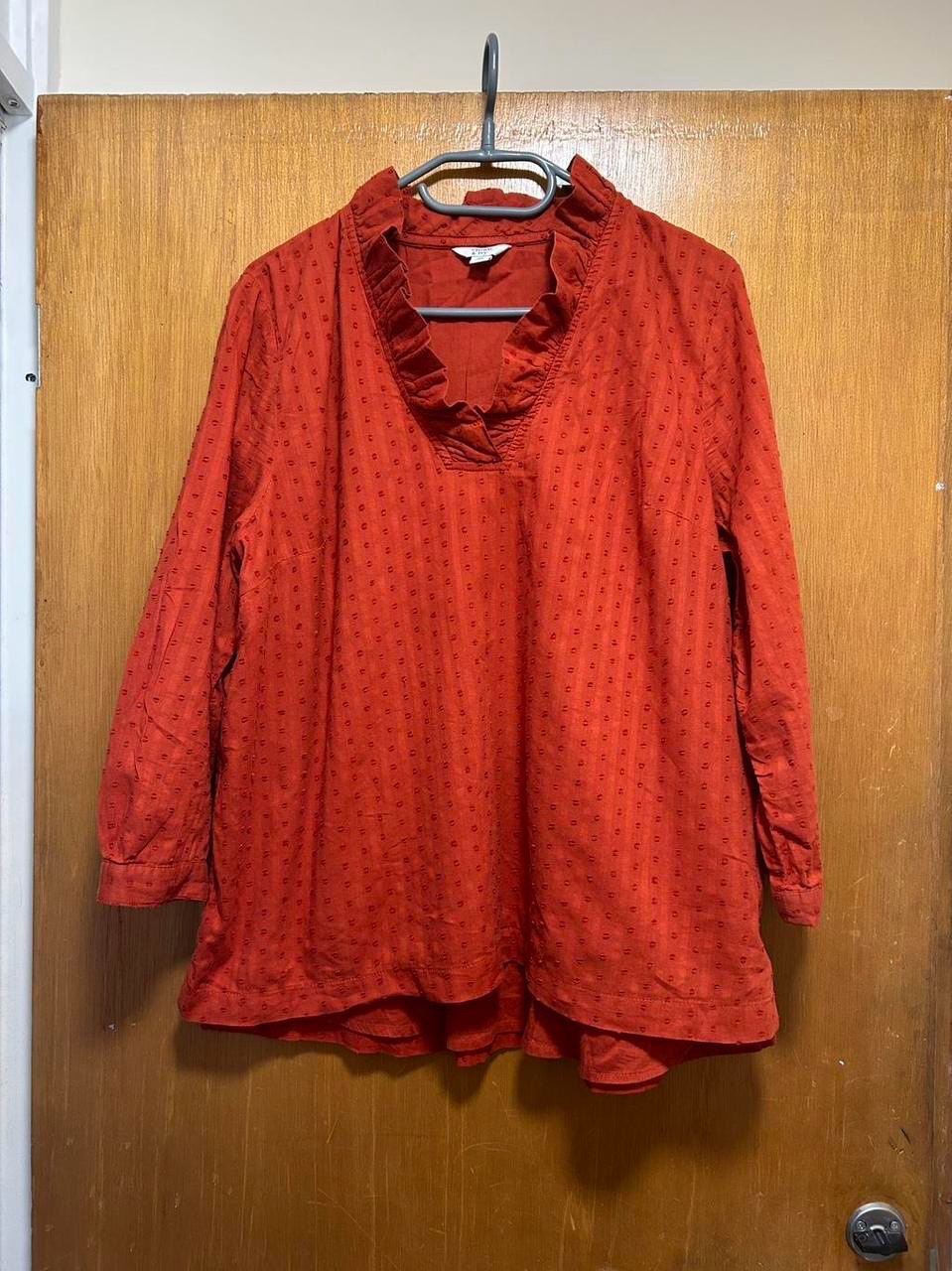 Rust Orange Ruffle Neck Dobby Blouse Boho Cottagecore XL