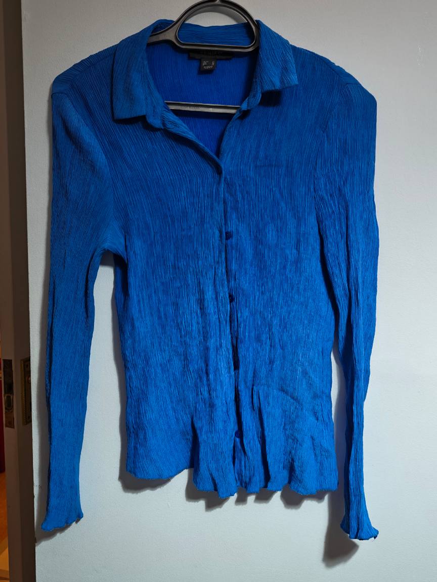 Primark Blue Crinkle Woven Collared Button-Up Long Sleeve Blouse Size 14