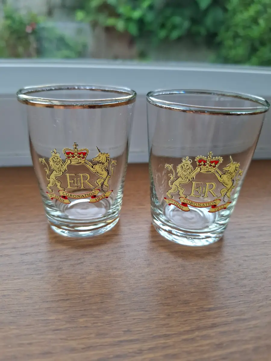 Queen Elizabeth II Coronation 1953 Shot Glass Gold Rim Royal Emblem