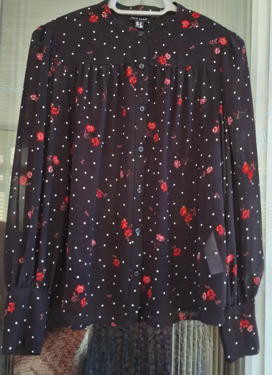 New Look sheer red floral polka dot chiffon blouse size 10 boho summercore holiday