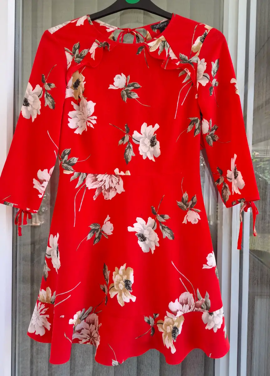 Topshop Petite Red Floral Tie Sleeve Dress UK 10