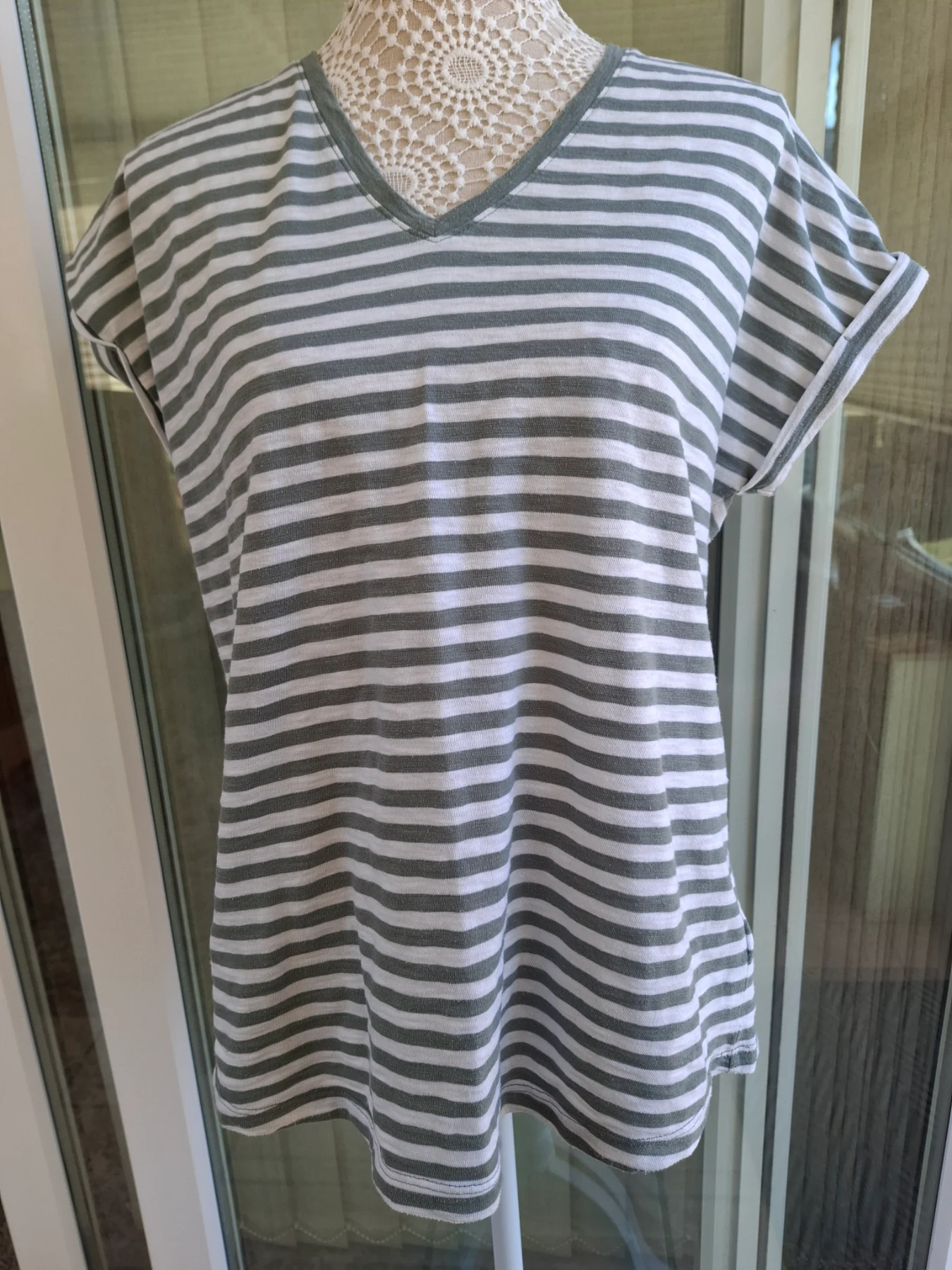Lands End Green White Stripe Tee UK M Soft Casual Everyday Basic