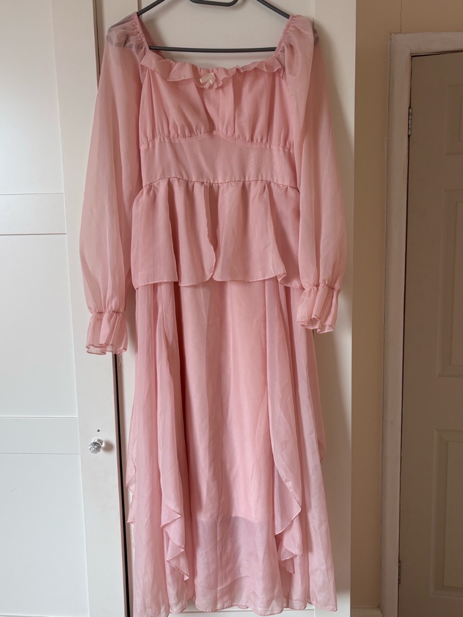 Vintage Style Pink Fairycore Cottagecore Chiffon Dress Long Sleeve Size UK S