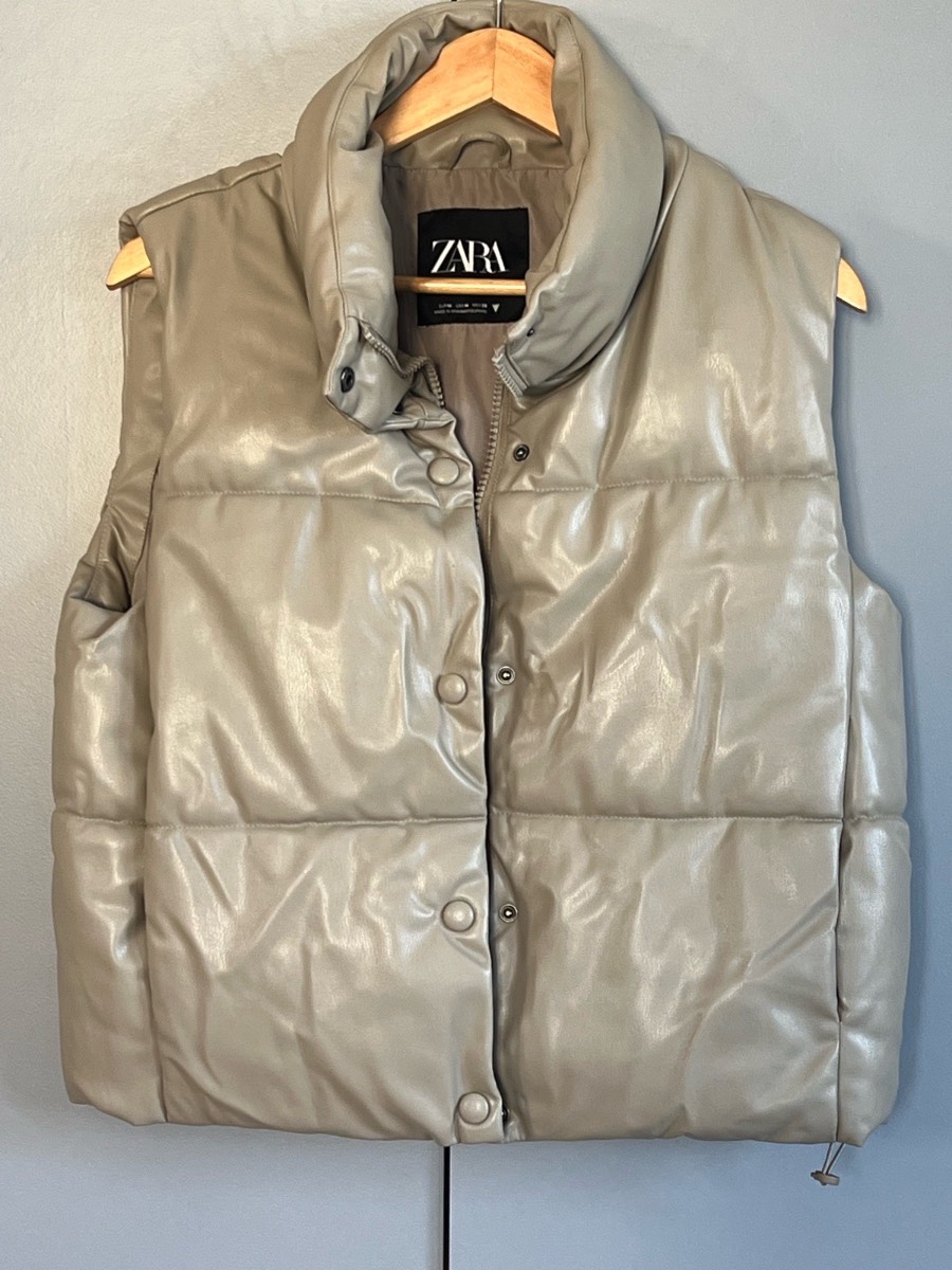 Zara Faux Leather Puffer Gilet Beige Stone Sleeveless Padded Bodywarmer Size M