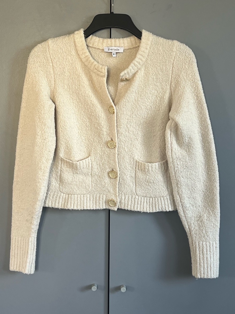Everbelle Cream Bouclé Knit Cardigan Gold Buttons Soft Textured Jacket Size M