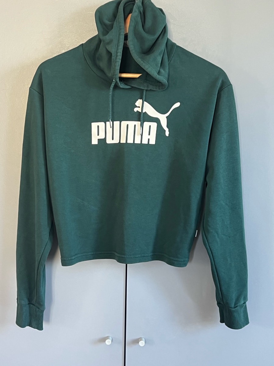 Puma Green Cropped Hoodie Women’s Size Small Logo Pullover Sweatshirt Casual