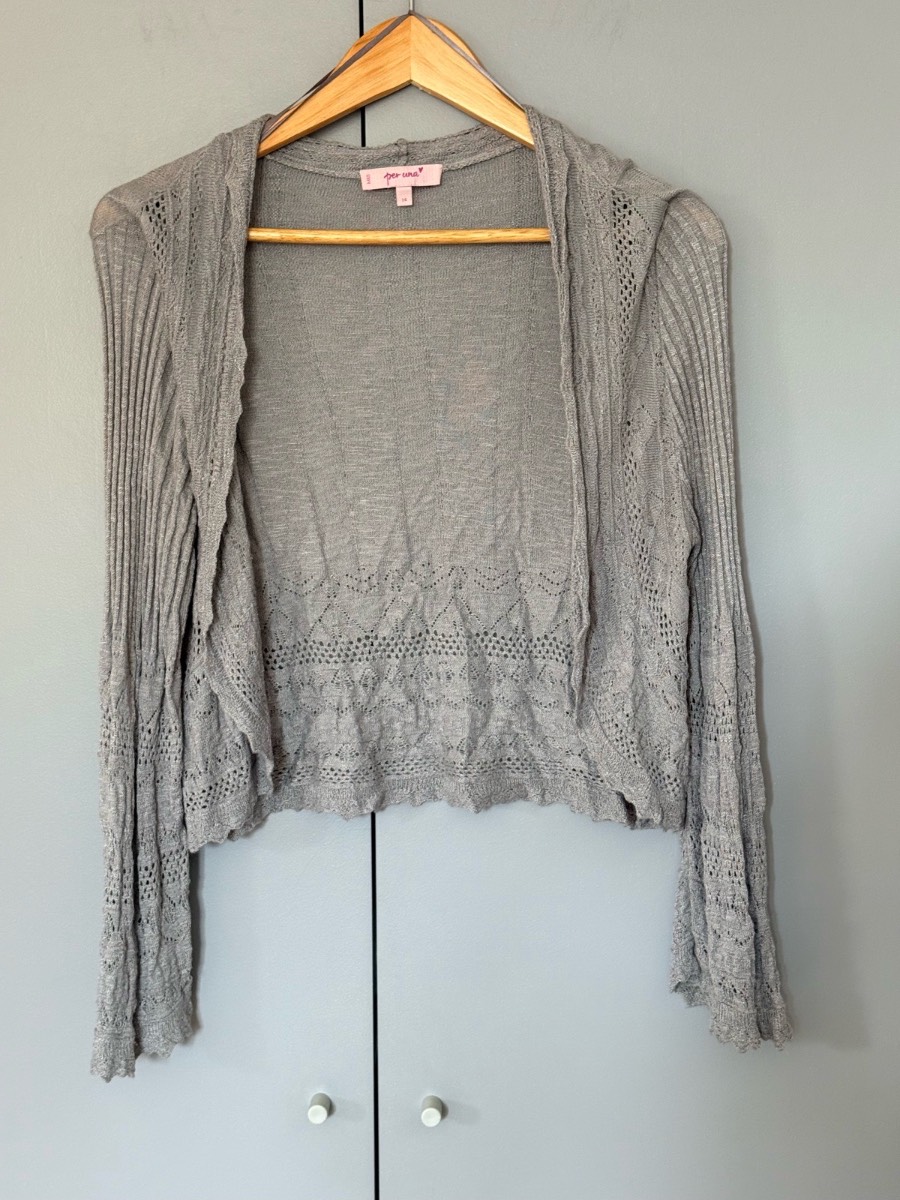 Per Una M&S Grey Crochet Knit Open Cardigan Size 14 Boho Lightweight