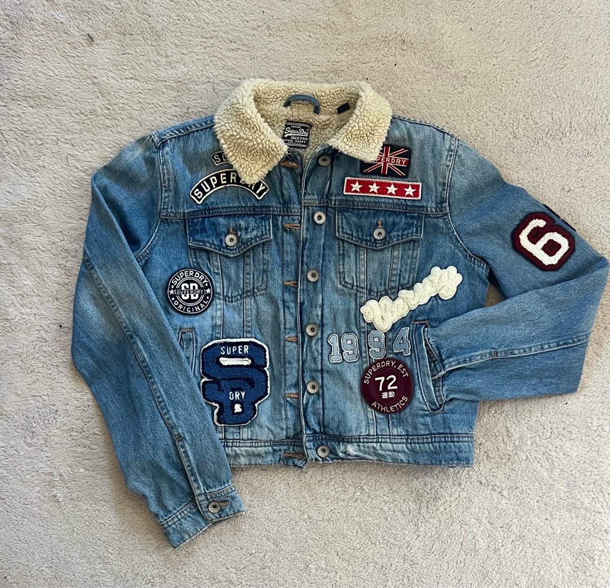 Superdry Vintage Denim Jacket Sherpa Borg Collar Patchwork Blue Women’s S