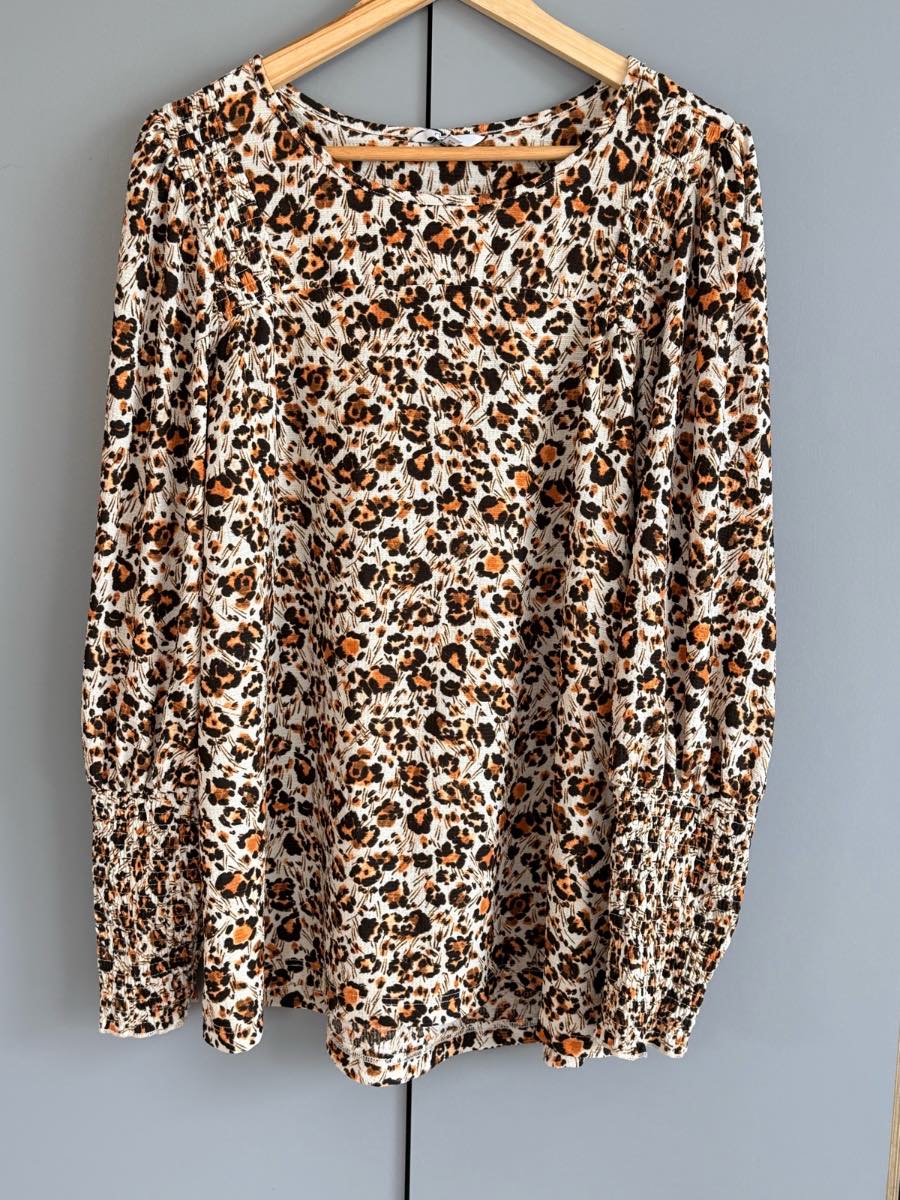 Next Leopard Print Top UK 18 Tall Animal Print Long Sleeve Smocked Cuff Blouse