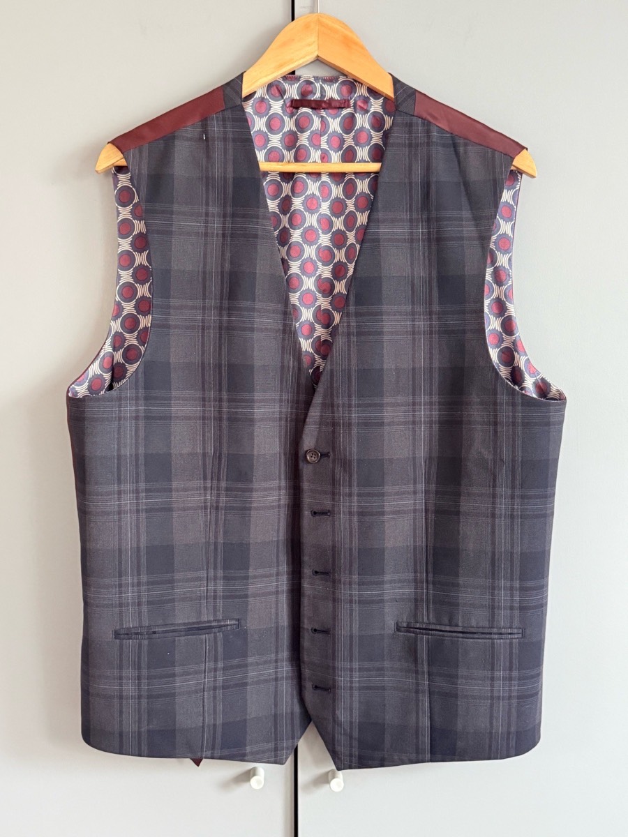 Next Tailoring Men’s Grey Check Waistcoat 46R Smart Formal Wedding Suit Vest