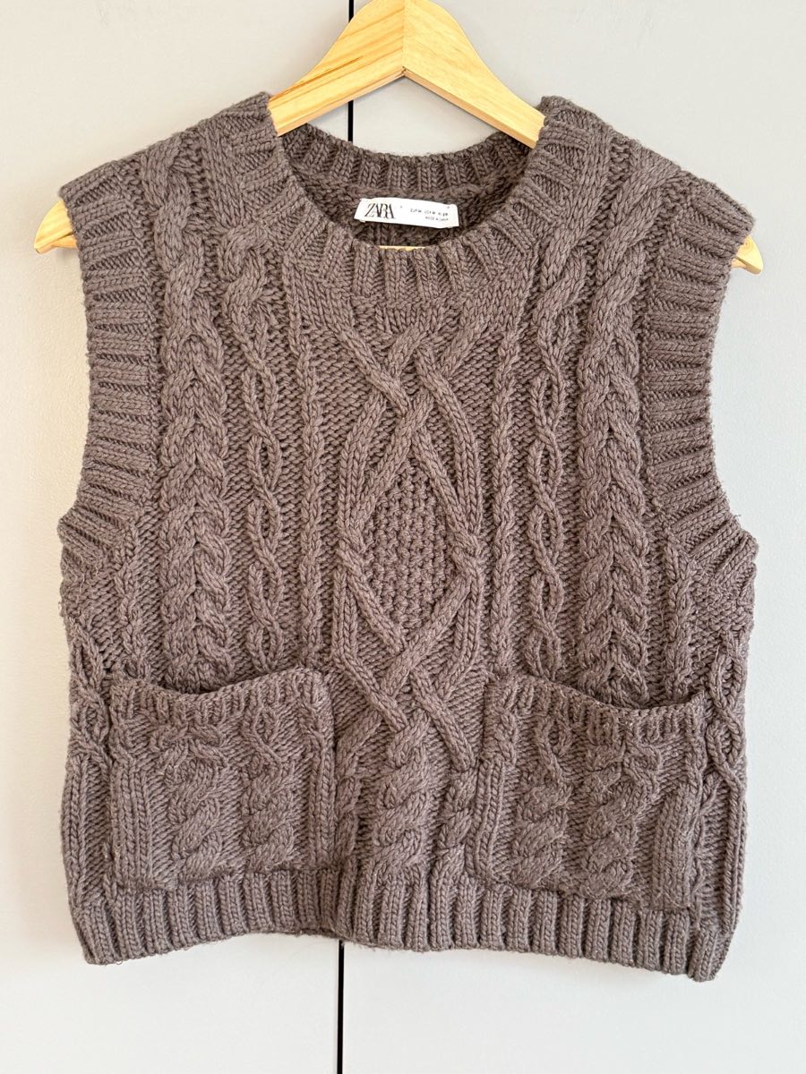 Zara Cable Knit Sweater Vest Taupe Brown Size M UK 10 Chunky Pocket Jumper