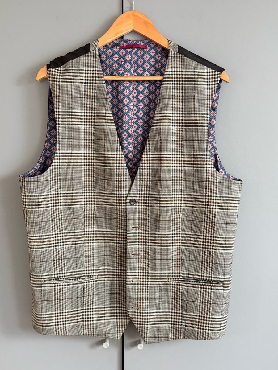 Next Tailoring Men’s Grey Check Waistcoat 46R Smart Wedding Suit Vest Regular Fit