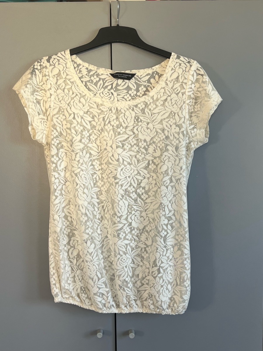 Dorothy Perkins White Floral Lace Top UK 8 Short Sleeve Stretch Blouse