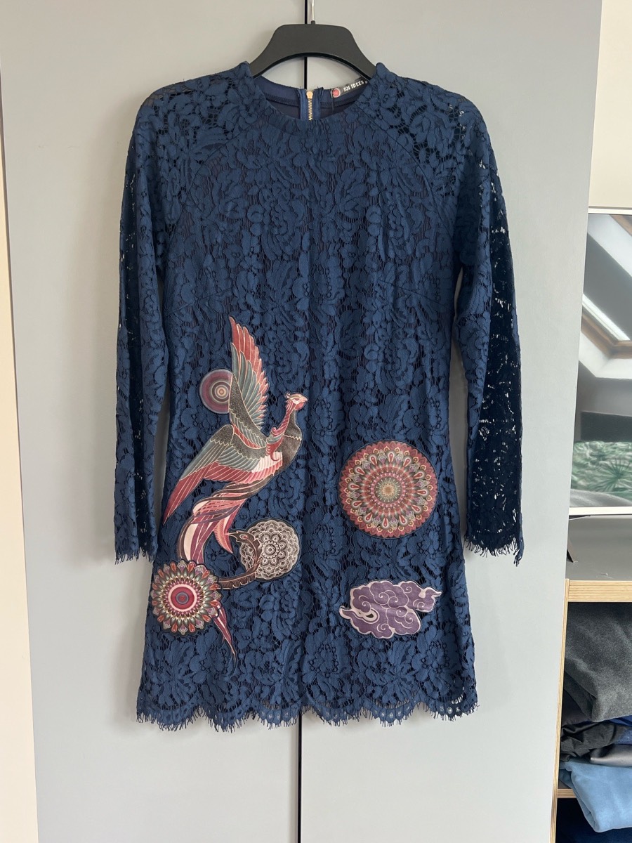 101 Idees Navy Lace Shift Dress Bird Print 3/4 Sleeve Size M/L Boho Occasion