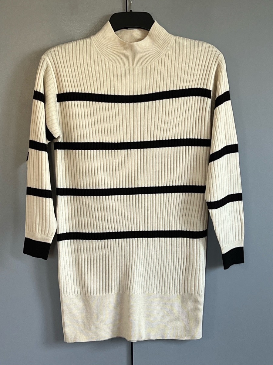 M&S Collection Cream Black Striped Rib Knit Jumper Dress Mock Neck Size Small UK 8-10