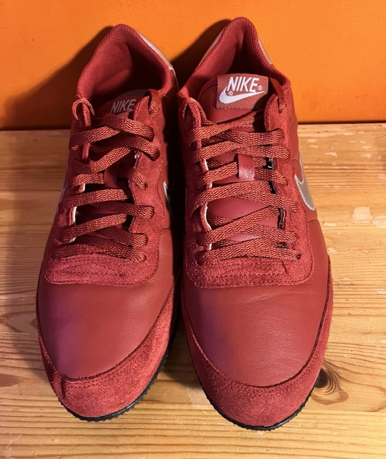 True Vintage 2008 Nike Track Racer Dark Red Leather Silver Swoosh UK 8.5 / EU 43