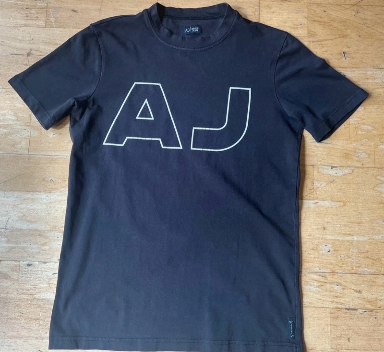 Vintage Armani Jeans Navy T Shirt White Outline AJ Logo Tee Mens Size S