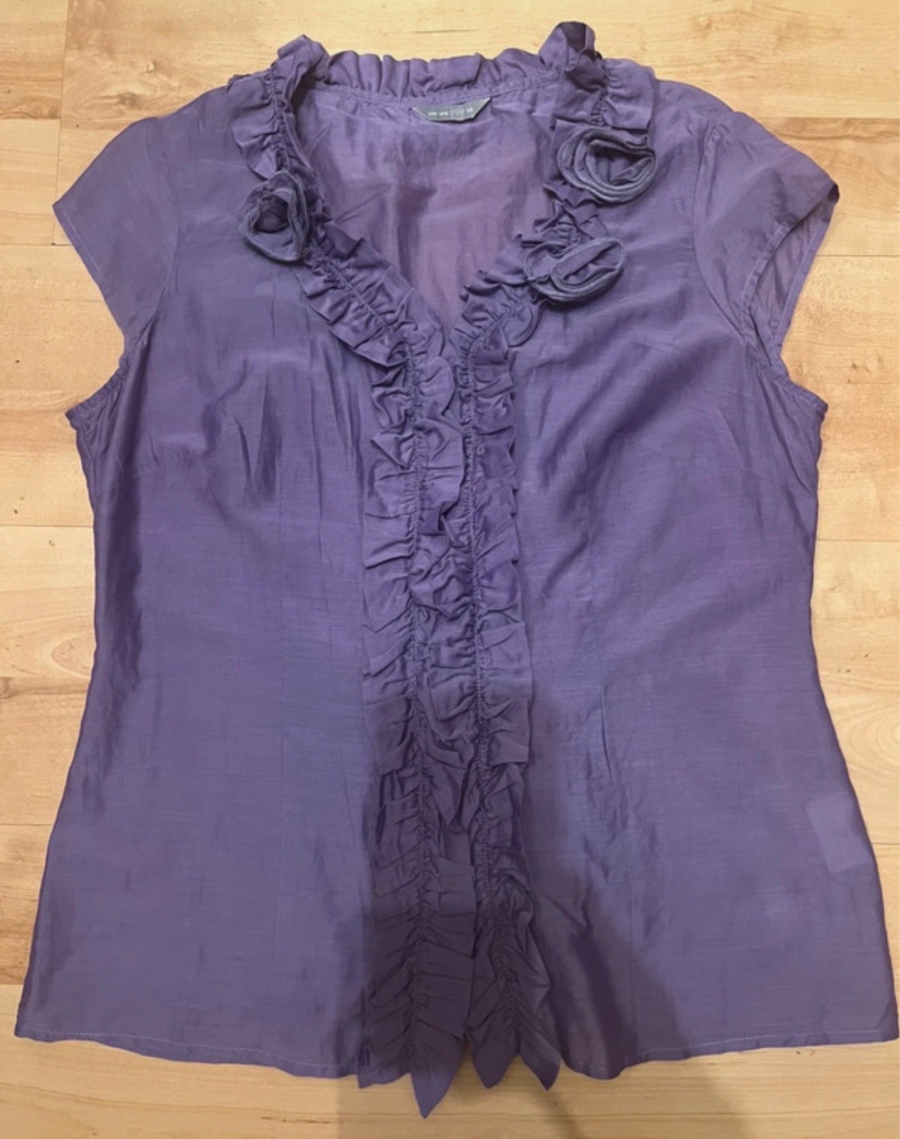 Vintage Y2K Per Una Purple Cotton Silk Ruffle Blouse Top Three Hearts Label  14