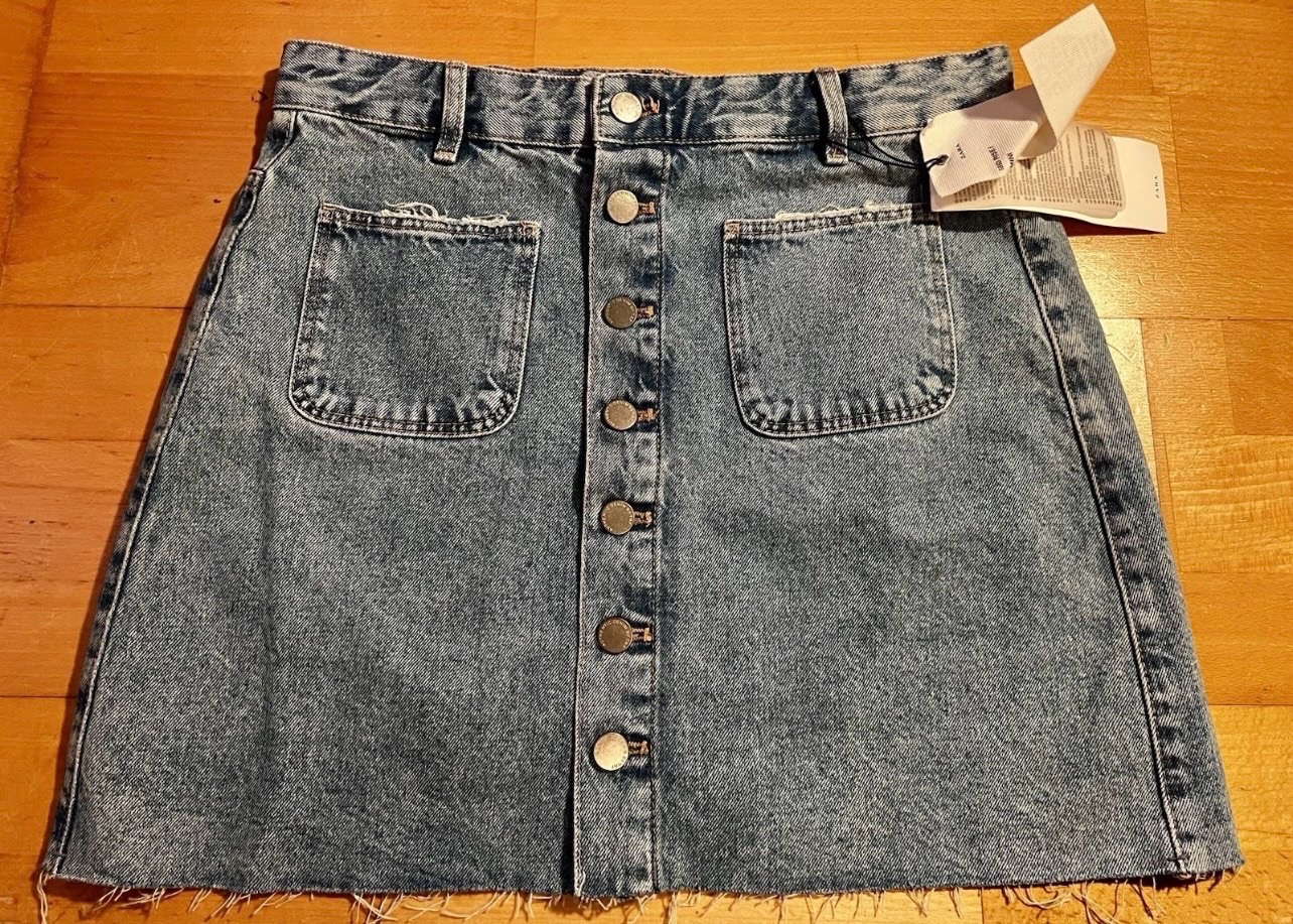 Zara TRF Blue Denim Button Down Mini Skirt Fray Hem Mid Rise Size L BNWT