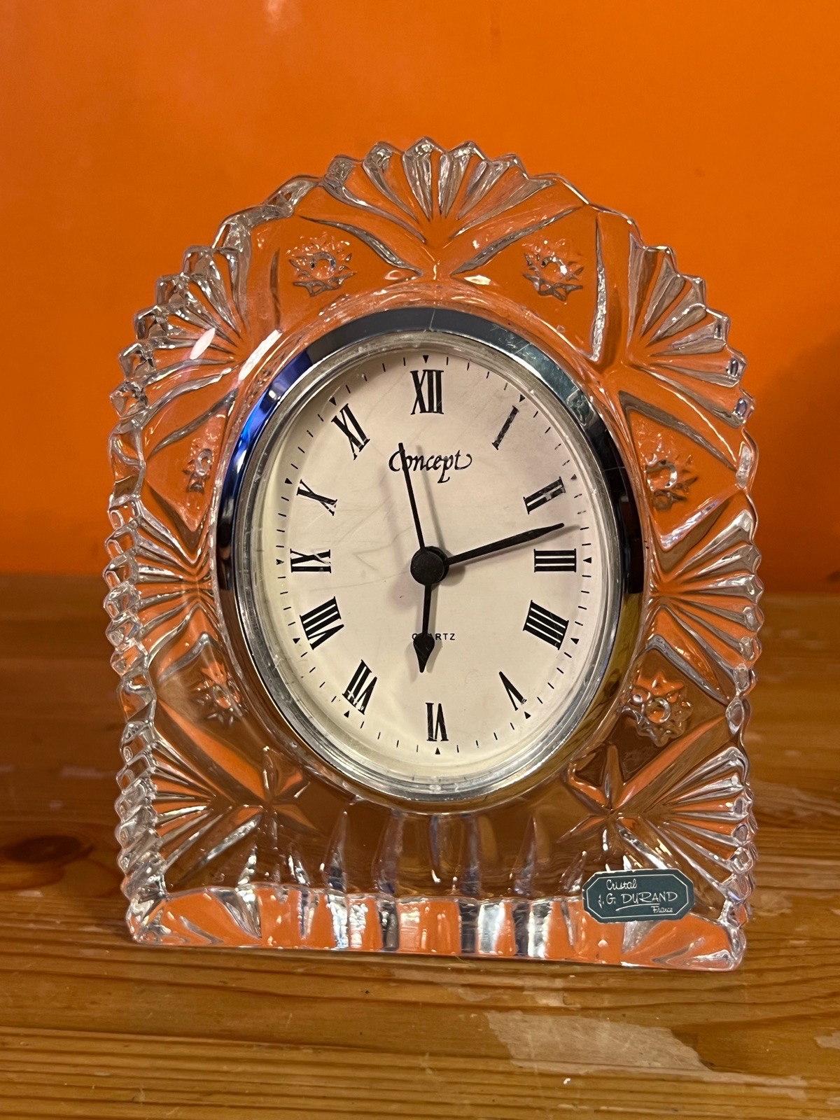 JG Durand France Crystal Mantel Clock Vintage Arched Lead Cut Glass Desk Quartz
