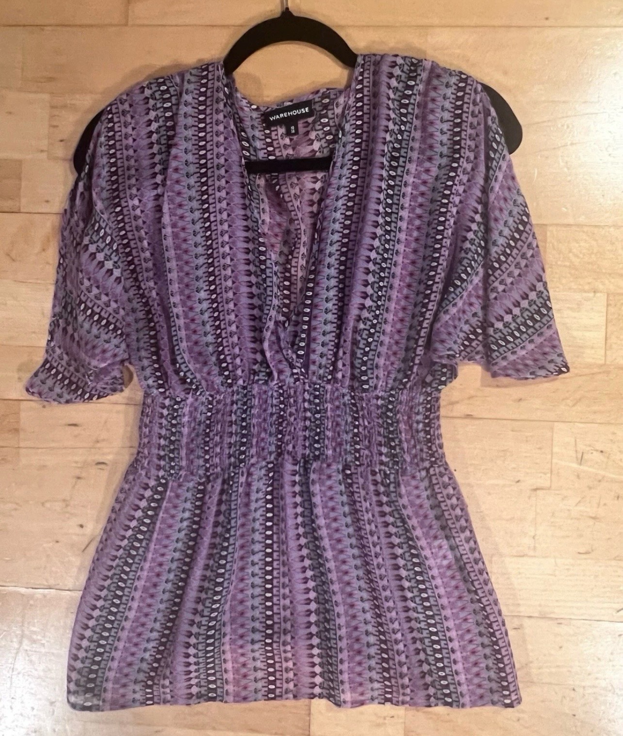 Warehouse 100% Silk Boho Top Purple Pink Batwing Kimono Sleeved Top UK 10