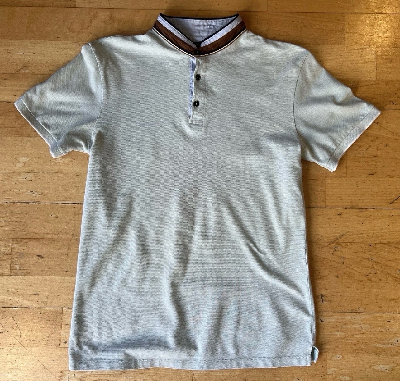 Zara Man Grandad Collar Polo Shirt Sage Green Small Short Sleeve Mandarin Pique