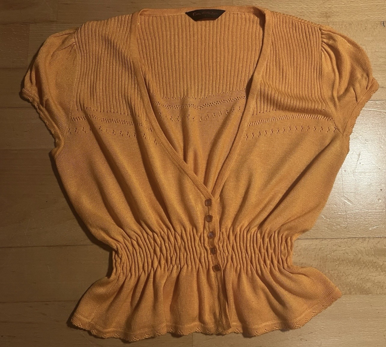 Vintage Y2K Miss Selfridge Pointelle Knit Ruched Waist Top Orange Size L