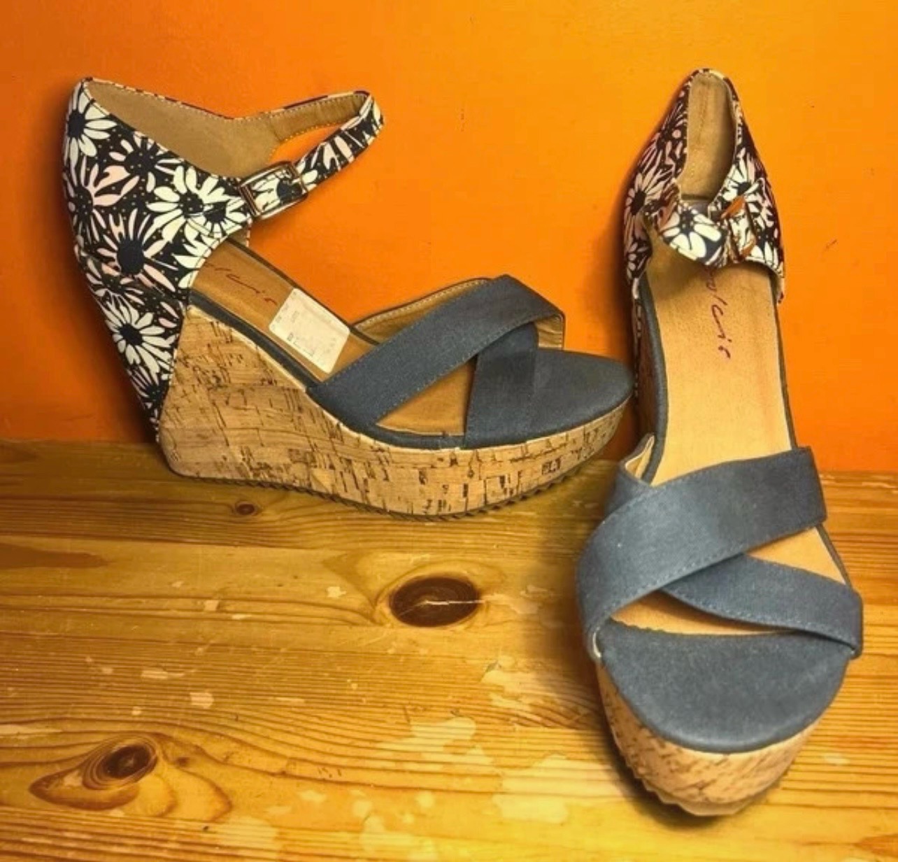 Vintage Y2K Dolcis Navy Cross Strap Cork Wedge Sandals Floral Daisy Heel UK 6