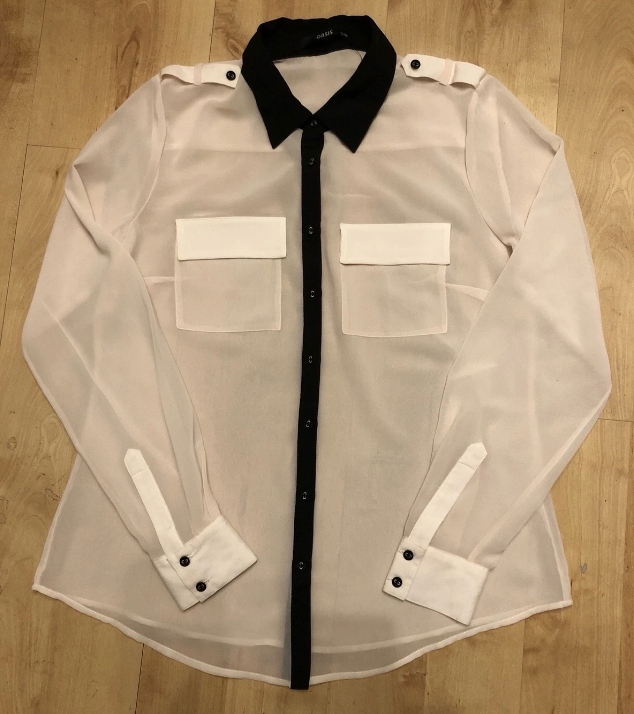 Oasis Sheer Contrast Utility Blouse Cream Black Collar Shirt NWOT Size 12