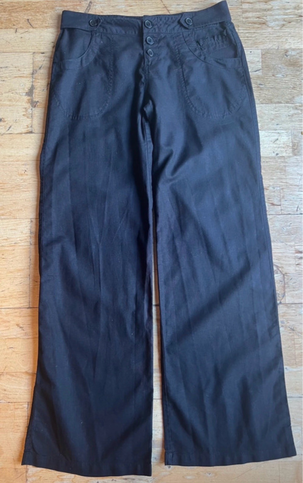 Vintage Y2K Miss Selfridge Black Linen Blend Wide Leg Trousers Button Fly Sz 10