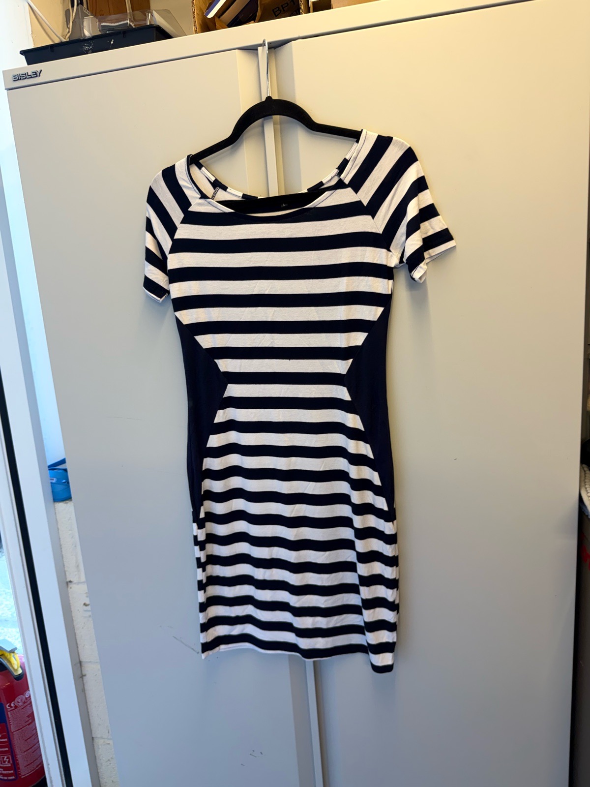 Navy & White Striped Bodycon Dress with Optical Illusion Slimming Panels Size L