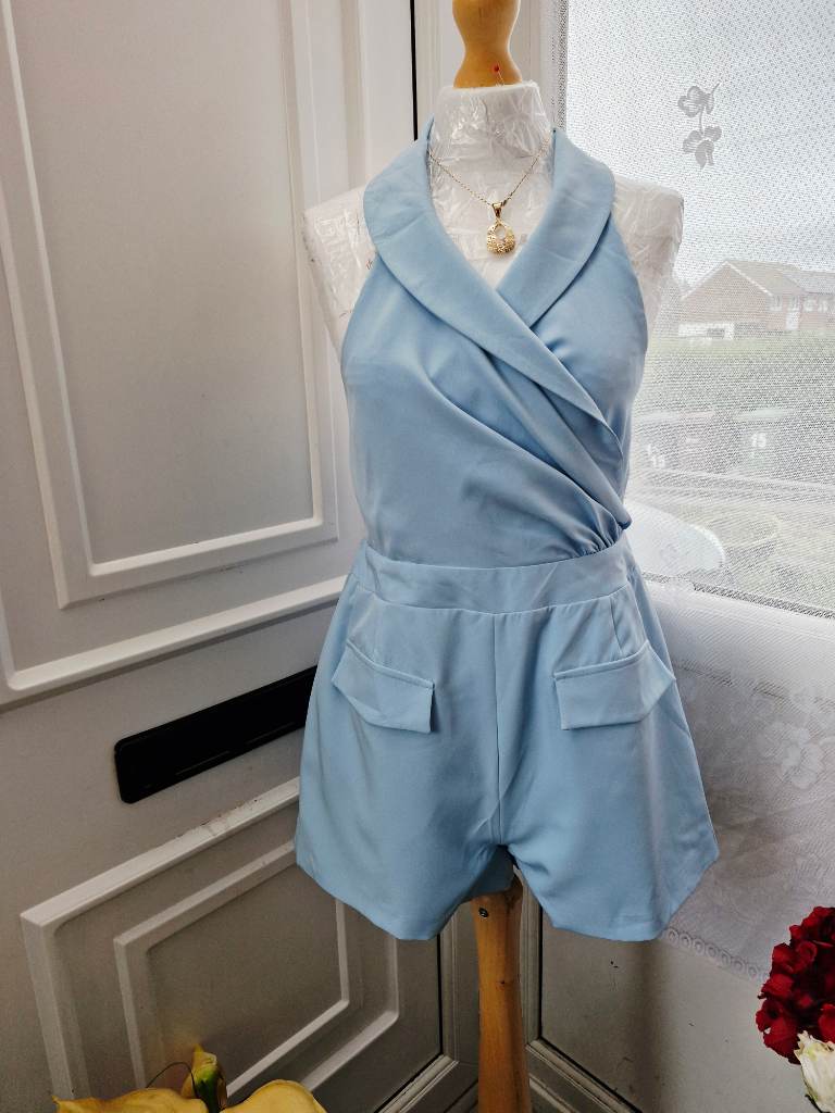 xtro&vert Premium Baby Blue Halter Neck Playsuit – Size UK 12 Petite – New With Tags