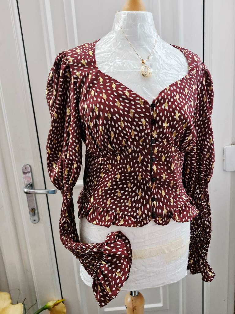 Outrageous Fortune Burgundy/ brown Gold Foil Print Blouse – Size UK 10