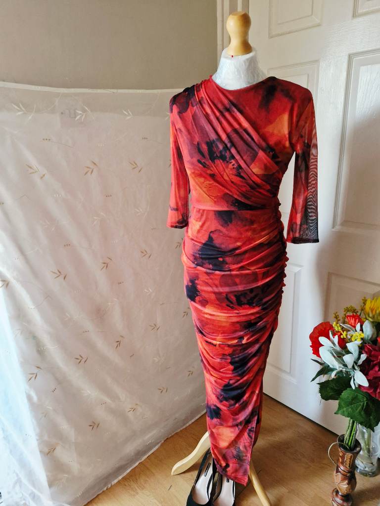 AX Paris Ruched Mesh Midi Dress – Size UK 10 – Excellent Condition