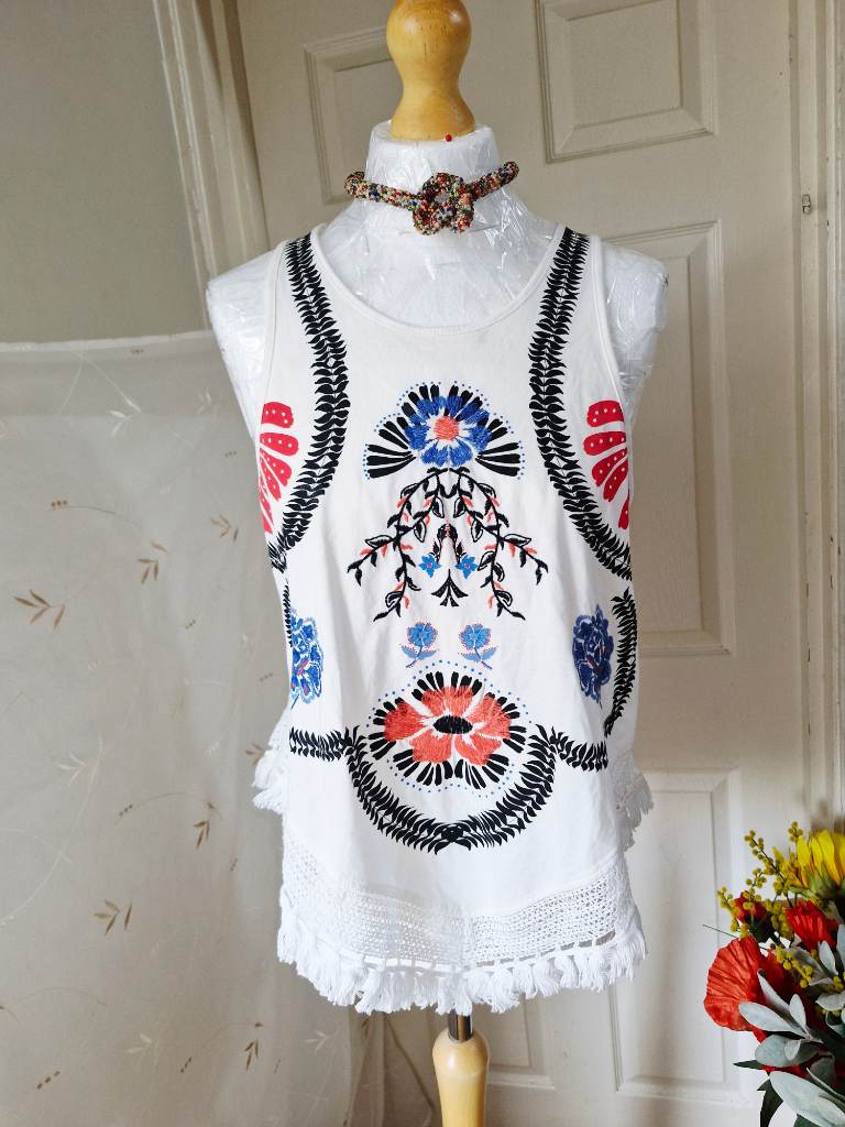 River Island Embroidered Tassel Hem Vest Top – UK 8 – New Without Tags