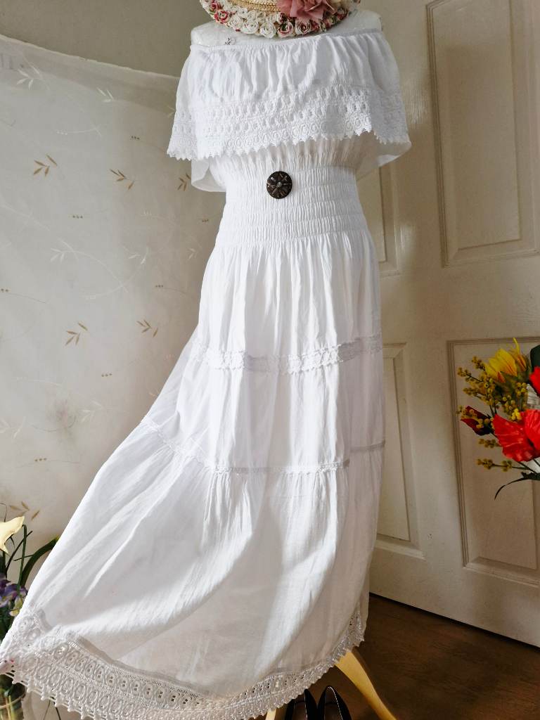 White 100% Cotton Off‑Shoulder Boho Maxi Dress – One Size / UK 10–16 White 100% Cotton Off‑Shoulder