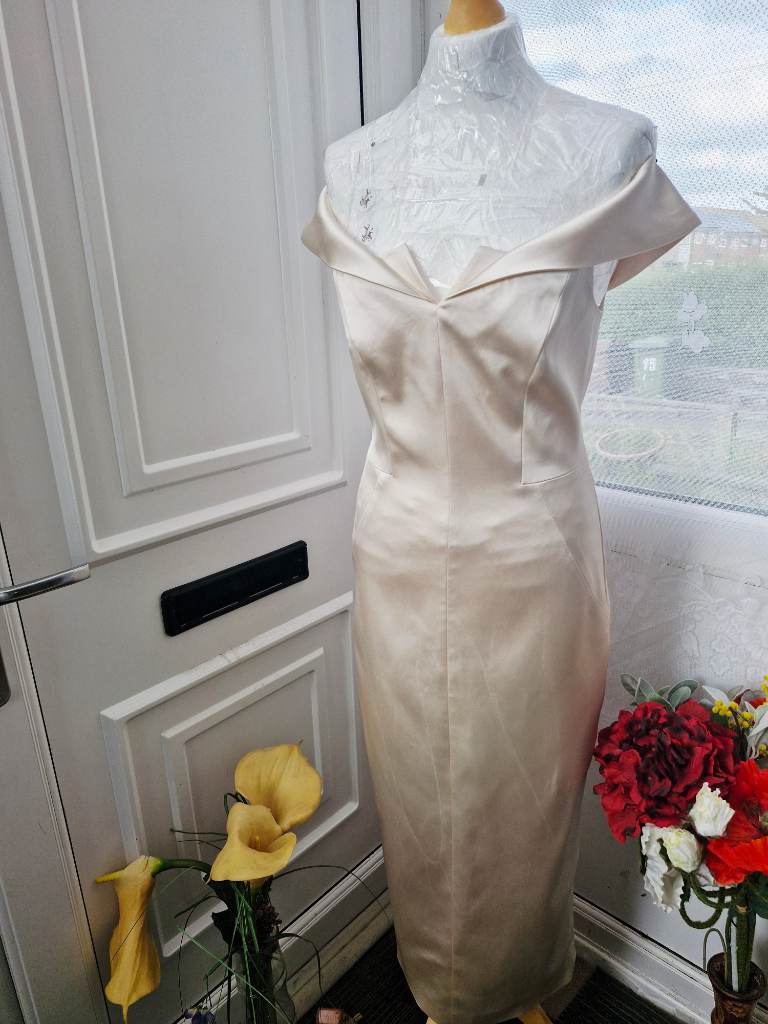 Karen Millen Satin Off-Shoulder Midi Dress – UK 12 – Champagne/Ivory – Elegant Occasion Wear
