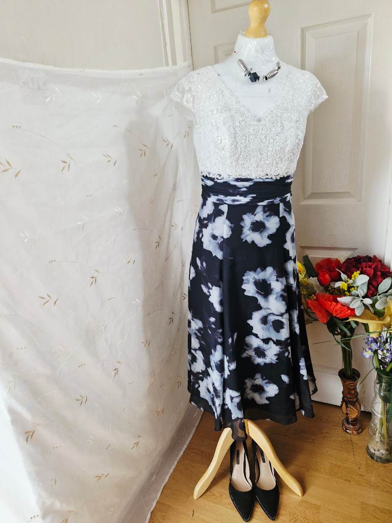 Nightingales Occasion Dress Size 12 White Lace Black Floral Midi – Barely Worn