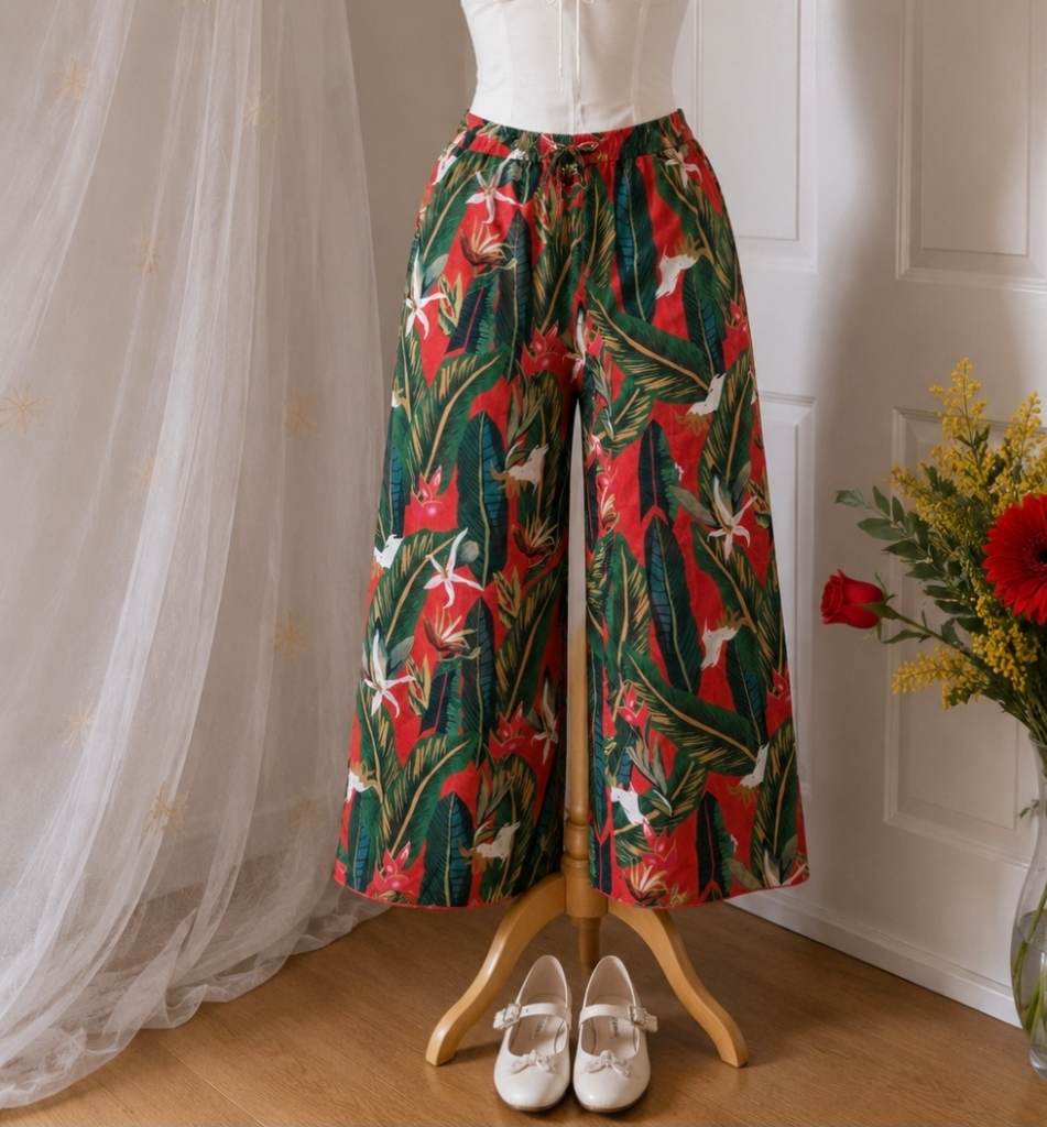 Tropical Print Sheer Wide Leg Beach Trousers – Size L / UK 14–16 – New Without Tags