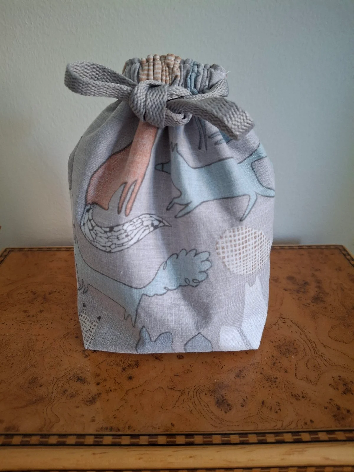 Hand Sewn Fox Print Drawstring Pouch/Makeup Bag