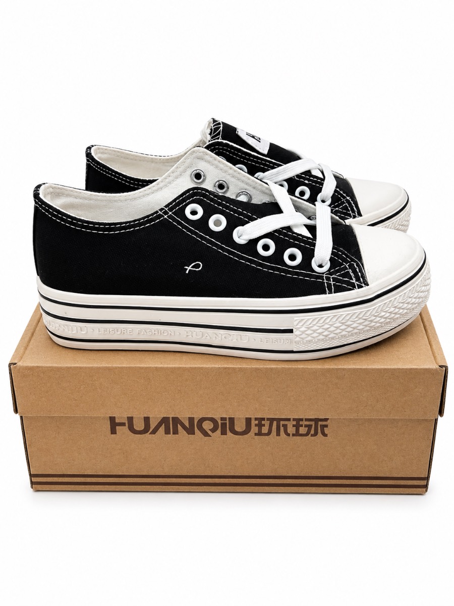 HUANQIU Women’s Black Canvas Platform Trainers Lace Up Size EU 34 UK 2 New