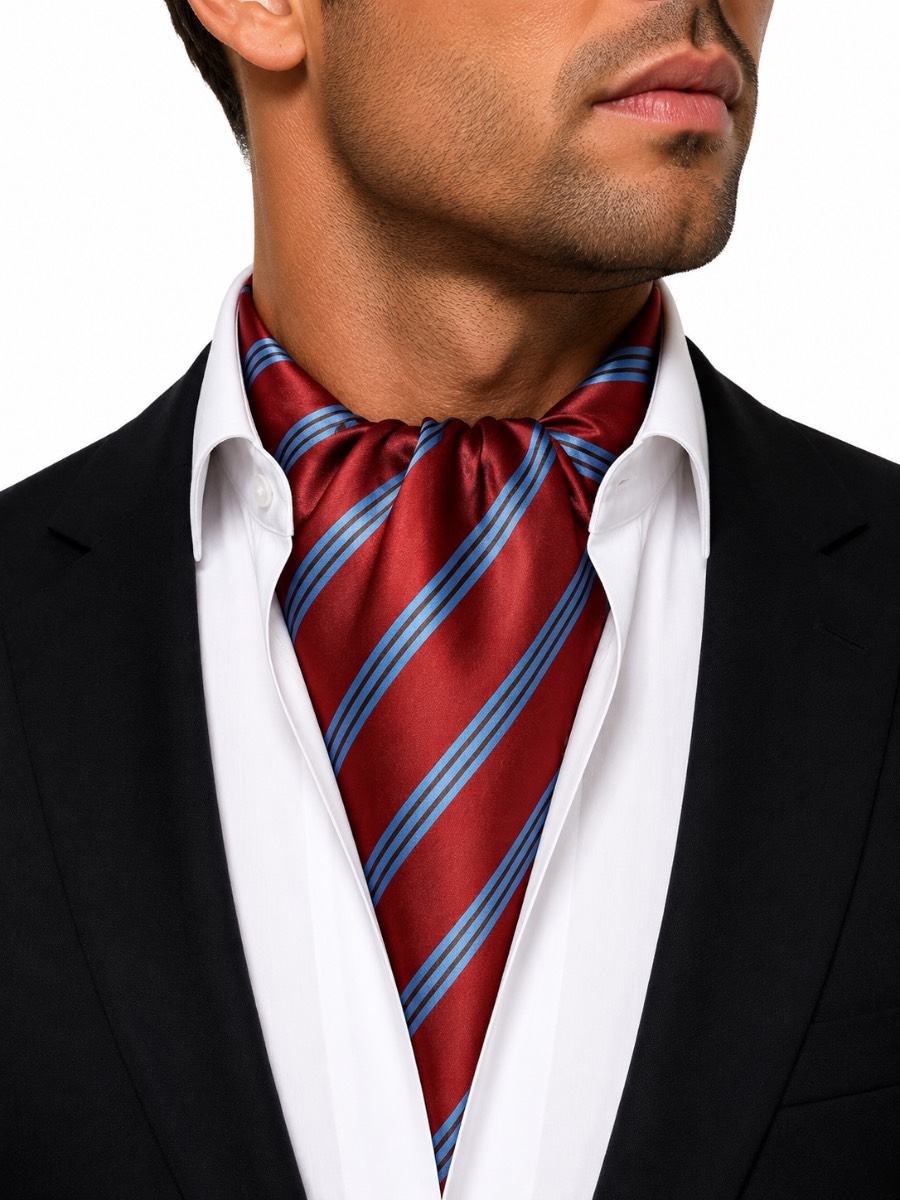 Premier Men’s Red & Sky Blue Striped Satin Cravat Ascot Scarf PR734 One Size New