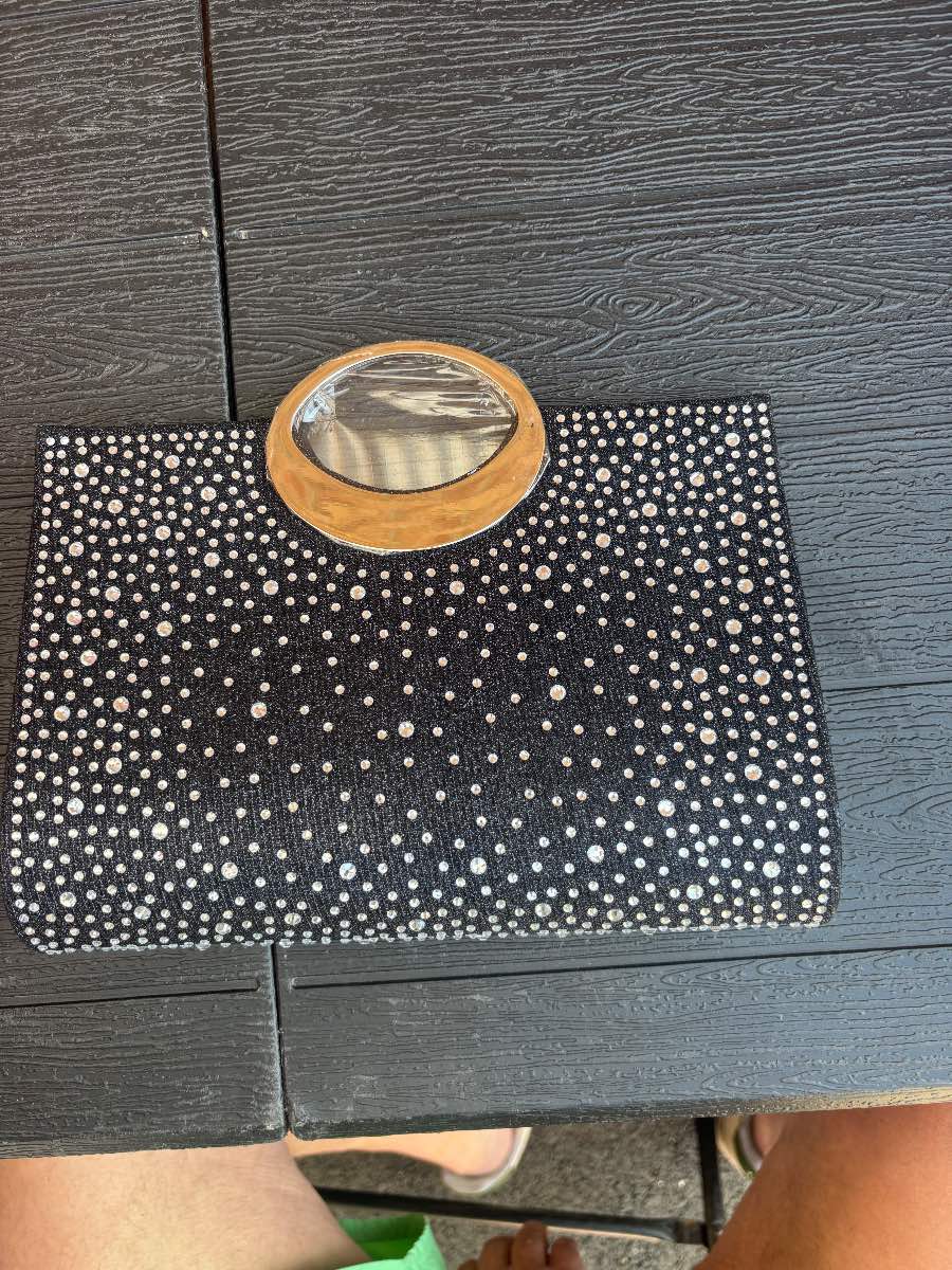 Black Rhinestone Evening Clutch Bag Acrylic Handle Party Prom Wedding Handbag
