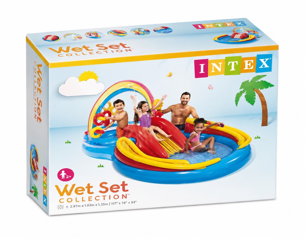 Intex Rainbow Ring Inflatable Play Centre Kids Paddling Pool Water Slide Sprayer New