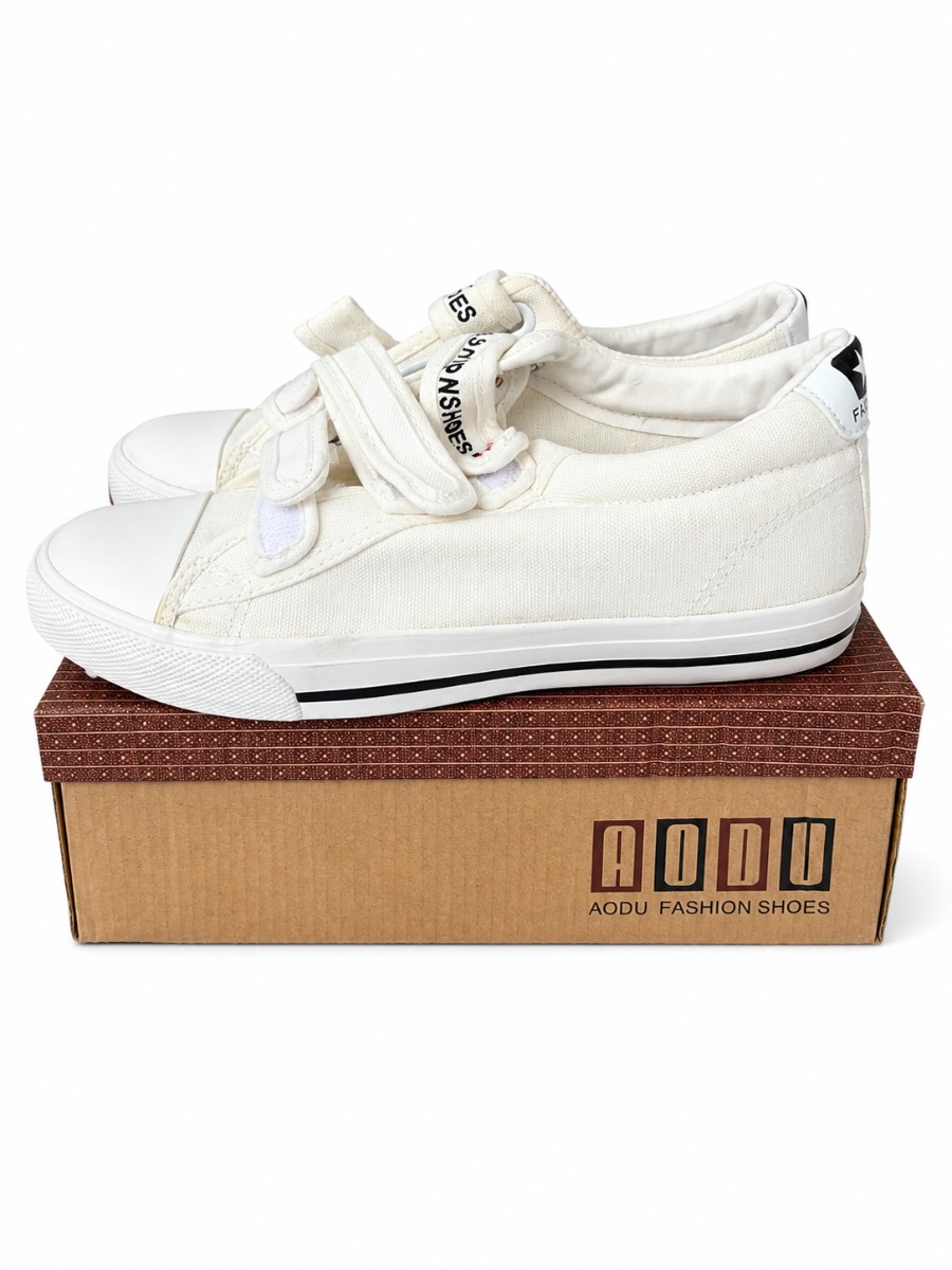 AODU Kids White Canvas Trainers EU 37 UK 4 Hook & Loop Casual Shoes New