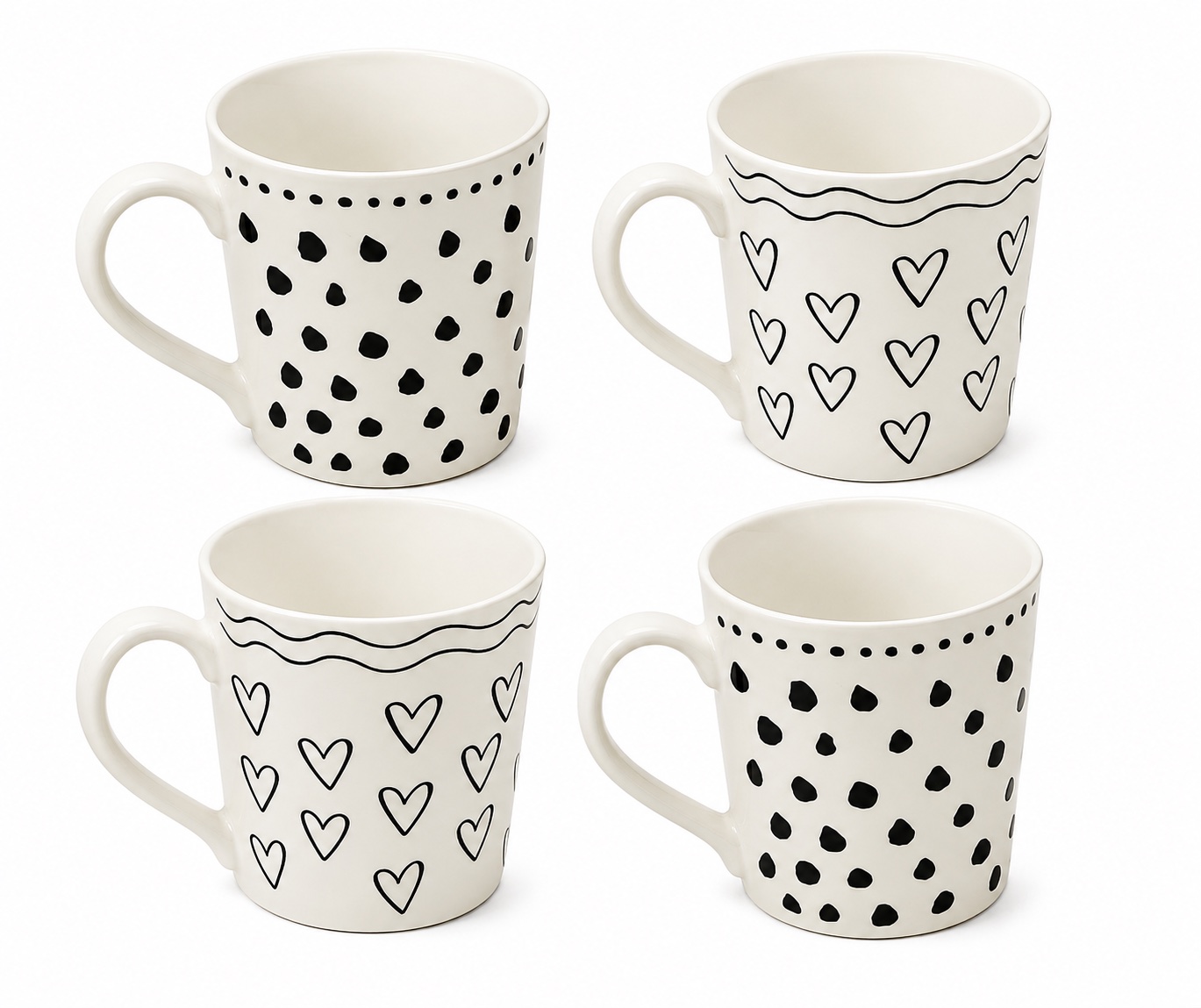 Set of 4 White Ceramic Mugs Black Hearts & Spot Design Tea Coffee Cups