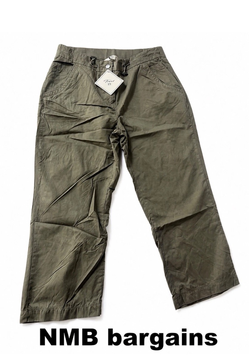 Trevi Women’s Khaki Lightweight Cropped Trousers UK 12 EU 40 Drawstring Waist Wide Leg BNWT