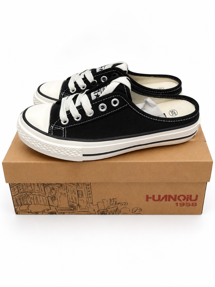 HUANQIU Women’s Canvas Mule Trainers Black White Slip On Shoes EU 35 UK 2.5 New