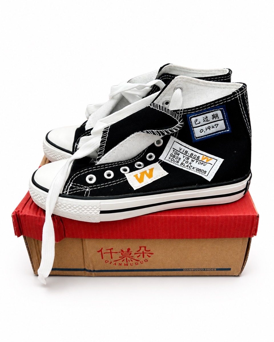 Q.Muduo Black High Top Canvas Trainers Size2.3 eu 35 White Lace Up Pumps New Boxed