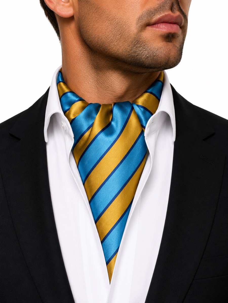 Premier Men’s Sky Blue & Gold Striped Satin Cravat Ascot Scarf PR736 One Size New